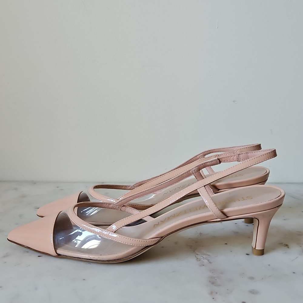 STUART WEITZMAN: Ballet Pink Patent Leather Pointed Kitten Heels